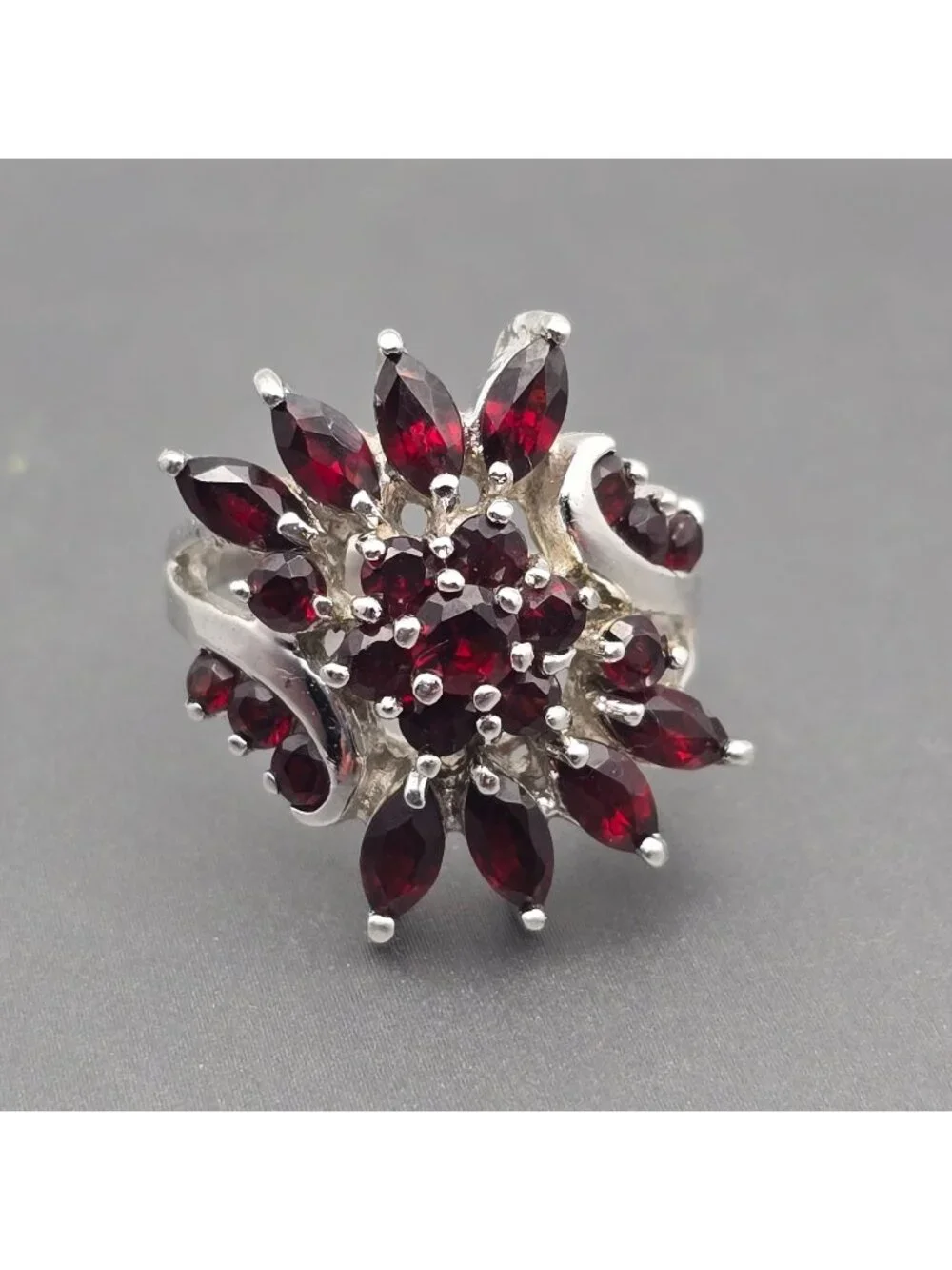 Vintage 925 Sterling Silver Garnet Cluster Cocktail Ring Size 8.5 Signed MLOF
